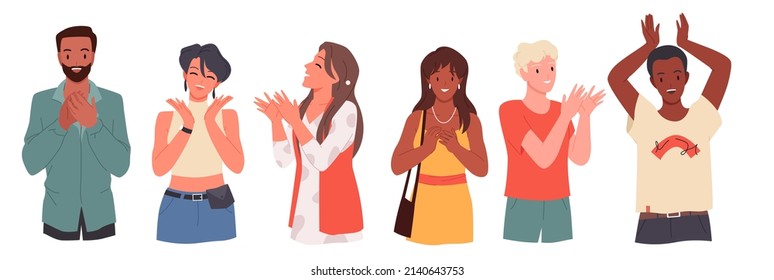 Set of multicultural people applauding. Giving ovation gesture, positive reaction, success celebration, hands clapping, giving positive applause cartoon vector illustration