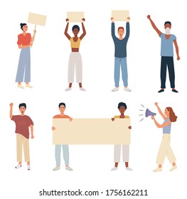 Set of multicultural people protesting against violence for human rights or environmental issue. Protest of female and male person of different nationality holding blank banner placard. Flat vector