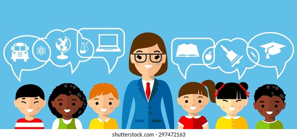 Set of multicultural pupils, students with teacher and dialog speech bubbles. Vector illustration of education concept.