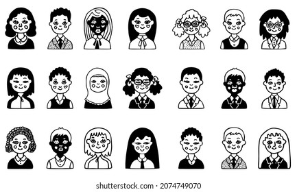 Conjunto de estudiantes de escuelas multiculturales. Diversidad de alumnos con uniforme escolar diferente. Niños y niñas sonriendo. De vuelta a los avatares de la escuela de la gran colección. Concepto de educación. Doodle negro plano.
