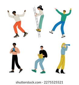Establecer estudiantes multiculturales. Personajes jóvenes con ropa informal. Dibujo vectorial de estilo de vida juvenil