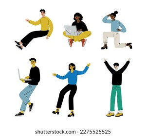 Establecer estudiantes multiculturales. Personajes de jóvenes en la moda moderna ropa informal dibujos animados vectoriales