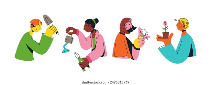 Set of multicultural team of young people. Flat vector illustration. Unity in diversity. People of different nationalities and religion are gardening together. Multinational society. Teamwork