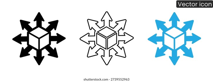 Set of multidirectional arrows icons in black, outline, and blue styles
