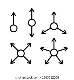 Set of multi-directional arrows. One, two, three, four and five directions from a round center point. Thin line style arrow icons set. Adjustable stroke width.