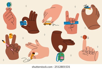 Set of multi-ethic hands holding school supplies. Hand drawn isolated hands with the colorful school stuff: bus, palette, brush, globe, ball, ruler, book, pen. Trendy gestures vector illustration.