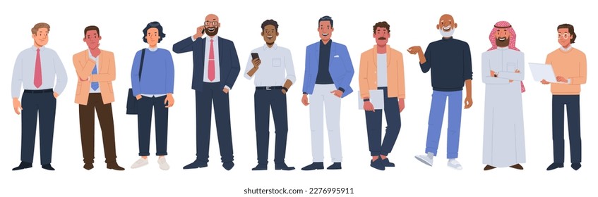 Set of multiethnic business men of different ages and races in office outfits on a white background. Vector illustration in flat style