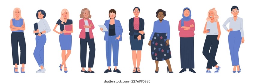 Set of multiethnic business women of different ages and races in office outfits on a white background. Vector illustration in flat style