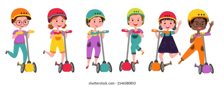 Set of multiethnic children on a scooter, kids play on a scooter in a protective helmet. Summer rest. Active recreation, children's characters. Vector illustration.