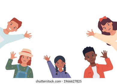 Set with multiethnic children raising their hands in greeting. Children's Day. Illustration in a flat style