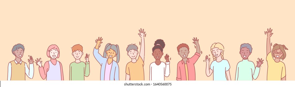 Set of multiethnic children volunteers concept. Group of multinational children waving their hands in greeting. Collection of illustrations of kids, boys and girls greet, raising hands.