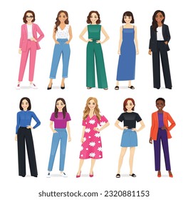 Set of multiethnic different casual and business women full length isolated vector illustration on white background