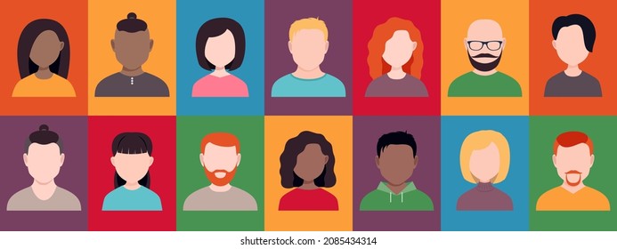 Set Of Multiethnic Human Portraits, Avatars People. Men And Women Characters Without A Face. Flat Vector Illustration.
