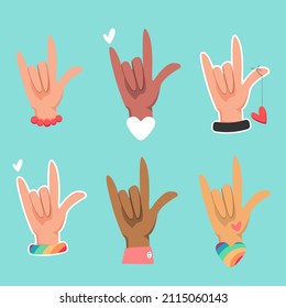 Set of multi-ethnic ‘i love you’ hand gesture with diverse skin tone. Valentine’s day hand and heart design.