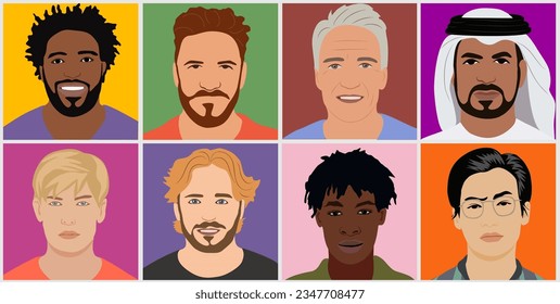 Grupo de avatares multiétnicos multirraciales para redes de medios sociales. Diversos personajes de dibujos animados masculinos ilustraciones vectoriales aisladas en un fondo colorido. Retratos de la cabeza, imágenes de perfil modernas