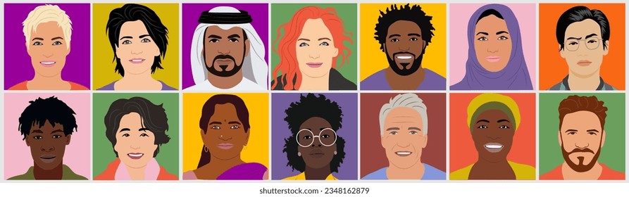 Set of multiethnic multiracial men and women avatars for social media networks. Diverse cartoon character vector illustrations isolated on colorful background. Head portraits, Modern profile pictures