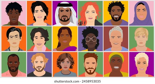 Conjunto de avatares multiétnicos multirraciales de hombres y mujeres para redes sociales. Diversas Ilustraciones vectoriales de personajes de dibujos animados aislados sobre fondo colorido. Retratos de la cabeza, fotos de perfil modernas.