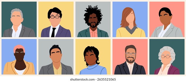 Set of multiethnic multiracial men and women avatars for social media networks. Diverse cartoon character vector illustrations isolated on colorful background. Head portraits, Modern profile pictures.