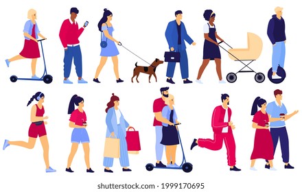 Set Of Multiethnic People. Diverse Men And Women Walk Around. Athlete Jogging. The Guy Is Riding On An Unicycle Monowheel. The Couple Is Riding An Electric Scooter. The Girl Is Walking The Dog.