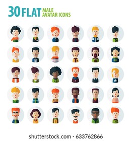 Set of multi-ethnic people icons in flat style. Vector men character