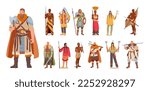 Set of Multiethnic People. Male and Female Characters Viking, African Tribes, Indian American Persons in Traditional Clothes with Weapon and Armor. Cartoon Vector Illustration