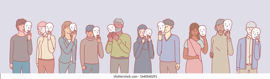 Set of multiethnic people with masks concept. Group of multinational men and women with psychological problem covering faces behind happy mask. Illustration of hiding personality or individuality