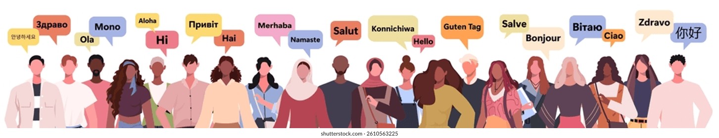 Set of multiethnic people say hello in different languages. Dialogues between characters. Vector illustration. Not AI generated