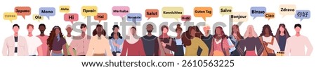 Set of multiethnic people say hello in different languages. Dialogues between characters. Vector illustration. Not AI generated