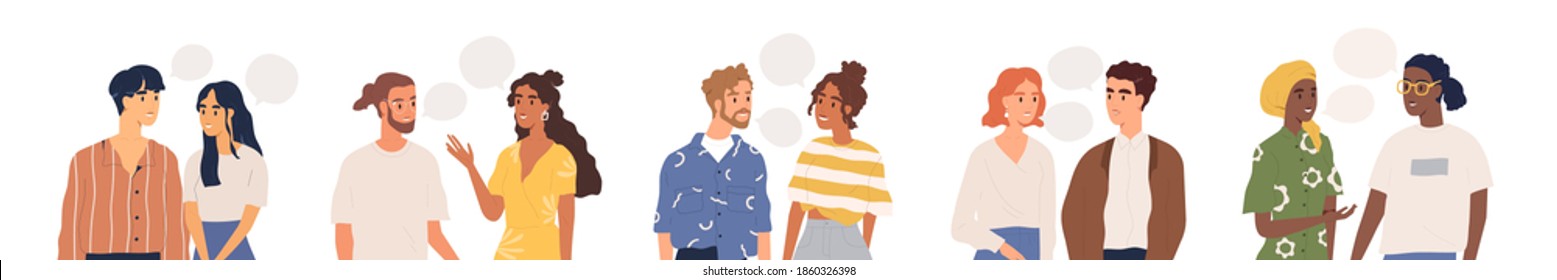 Set of multiethnic people talking or speaking. Collection of chatting couples with speech bubbles. Men and women meeting. Dialogues between characters. Flat vector illustration isolated on white