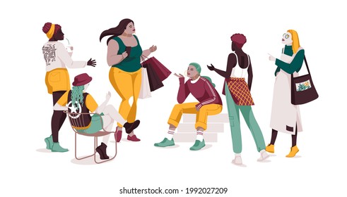 Grupo de personas multiétnicas hablando o hablando. Colección de parejas conversando con burbujas de habla. Reunión de mujeres. Diálogo entre caracteres. Ilustración vectorial plana aislada en blanco