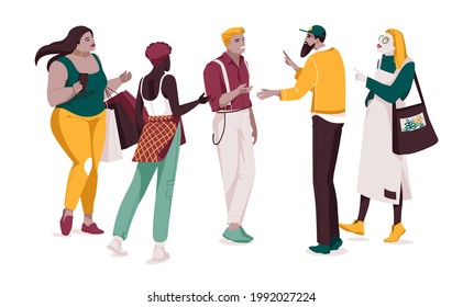 Set of multiethnic people talking or speaking. Collection of chatting couples with speech bubbles. Men and women meeting. Dialogues between characters. Flat vector illustration isolated on white