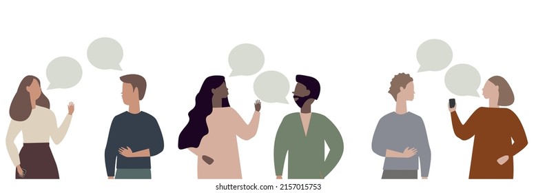 Grupo de personas multiétnicas hablando o hablando. Colección de parejas conversando con burbujas de habla. Encuentro de hombres y mujeres. Diálogo entre caracteres. Ilustración vectorial plana sobre un fondo blanco.