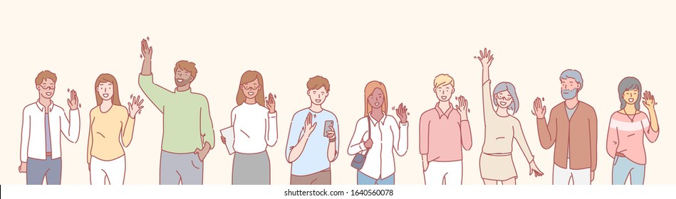 Set Of Multiethnic People Volunteers Concept. Group Of Multinational Men And Women Waving Their Hands In Greeting. Collection Of Illustrations Of People, Boys And Girls Greet, Raising Hands.