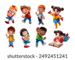 set of multiethnic school children characters