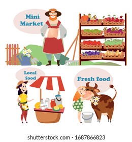 Set of multifunctional farm objects. Farm family. Local, healthy, organic food concept. Local buisness support. Vector funny cartoon style illustration. Isolated elements on white background.