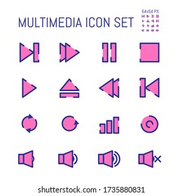 Set of multimedia audio color flat bold line. Vector illustrator
