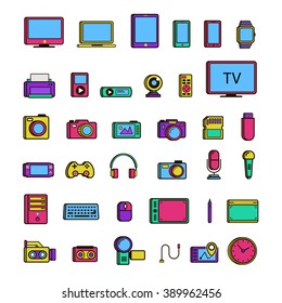 Set of multimedia device icon color isolated on white background. Vector Illustration