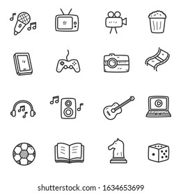 Set of multimedia and entertainment doodle element vector illustration in cute hand drawn style such as music, movie, and more. Entertainment doodle icons 