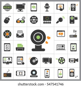 Set of Multimedia Icons. Contains such Icons as Player, 3D, Printer, Microphone, Monitor, Webcam, News, Smartphone and more. Editable Vector. Pixel Perfect.