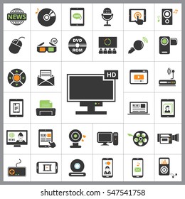 Set of Multimedia Icons. Contains such Icons as Player, 3D, Printer, Microphone, Monitor, Webcam, News, Smartphone and more. Editable Vector. Pixel Perfect.
