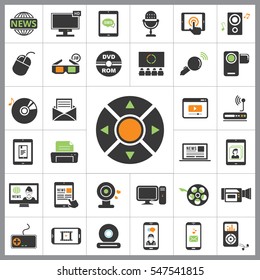 Set of Multimedia Icons. Contains such Icons as Player, 3D, Printer, Microphone, Monitor, Webcam, News, Smartphone and more. Editable Vector. Pixel Perfect.