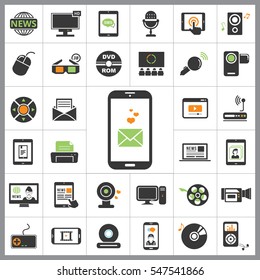 Set of Multimedia Icons. Contains such Icons as Player, 3D, Printer, Microphone, Monitor, Webcam, News, Smartphone and more. Editable Vector. Pixel Perfect.