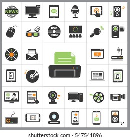 Set of Multimedia Icons. Contains such Icons as Player, 3D, Printer, Microphone, Monitor, Webcam, News, Smartphone and more. Editable Vector. Pixel Perfect.