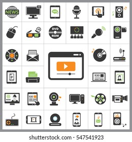 Set of Multimedia Icons. Contains such Icons as Player, 3D, Printer, Microphone, Monitor, Webcam, News, Smartphone and more. Editable Vector. Pixel Perfect.