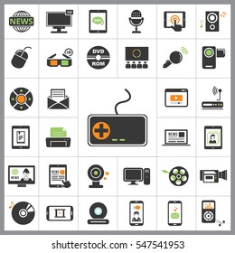 Set of Multimedia Icons. Contains such Icons as Player, 3D, Printer, Microphone, Monitor, Webcam, News, Smartphone and more. Editable Vector. Pixel Perfect.