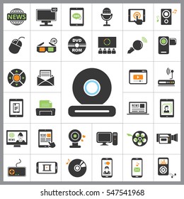 Set of Multimedia Icons. Contains such Icons as Player, 3D, Printer, Microphone, Monitor, Webcam, News, Smartphone and more. Editable Vector. Pixel Perfect.