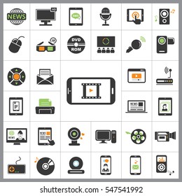 Conjunto de iconos multimedia. Contiene iconos como Player, 3D, Printer, Microphone, Monitor, Webcam, News, Smartphone y más. Vector editable. Pixel Perfecto.