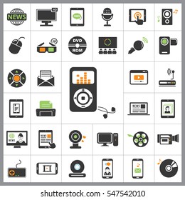 Set of Multimedia Icons. Contains such Icons as Player, 3D, Printer, Microphone, Monitor, Webcam, News, Smartphone and more. Editable Vector. Pixel Perfect.