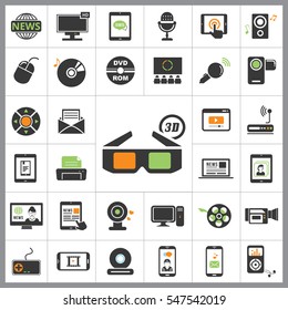 Set of Multimedia Icons. Contains such Icons as Player, 3D, Printer, Microphone, Monitor, Webcam, News, Smartphone and more. Editable Vector. Pixel Perfect.