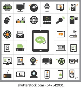 Set of Multimedia Icons. Contains such Icons as Player, 3D, Printer, Microphone, Monitor, Webcam, News, Smartphone and more. Editable Vector. Pixel Perfect.